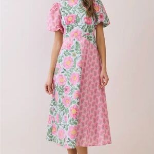 Pink Floral Patchwork Midi Dress with Puff Sleeves